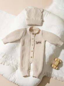 2pcs Newborn Baby Girl Knit Romper Hat Set Cute Sweet Cream Beige Ribbed Button Bear Ear Long Sleeve Round Neck Newborn Photo Winter Pullover Coat - Beige - View 3