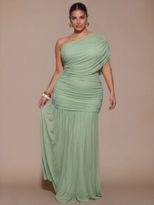 SHEIN BAE CURVE Plus Size Women's Green Asymmetrical Shoulder Pleated Dress - Green - View 3