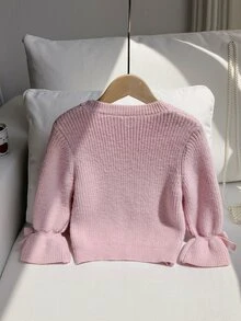 SHEIN كنزة صوفية للبنات بلون الشوفان مصنوعة يدويًا من الكروشيه بتريكو سميك، بياقة مستديرة، أسلوب خريفي/شتوي، بتفاصيل أنيقة وعصرية من الكشكشة على شكل زهرة اللوتس عند الحافة والأكمام - متعدد الألوان - مشاهدة 2
