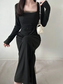 FRIFUL Bộ 2 món áo nữ mùa thu màu trơn phối vải lưới - màu nâu - Xem 7
