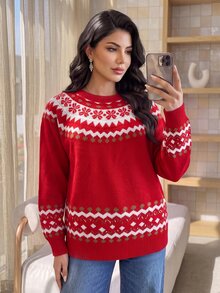 Dripcurv Plus Size Women's Wavy Striped Crew Neck Long Sleeve Casual Pullover Sweater Winter - Red - View 4