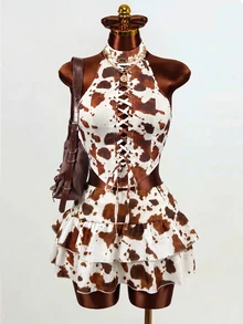 Mistrie American Retro Cow Print Double Layer Ruffle Mini Skirt Low Waist Sexy Style Leg-Lengthening High Waist A-Line Pleated Skirt - Multicolor - View 5