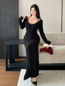 Modelyn Women's Solid Color Faux Pearl Decor Cold Shoulder Long Sleeve Fitted Elegant Knit Dress - Black - View 7