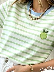 EMERY ROSE Women Sweet Peach Print Pink White Striped Crew Neck Short Sleeve Casual Commuter Tee - Multicolor - View 3
