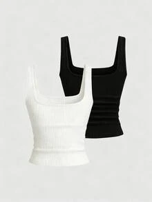 EMERY ROSE 2pcs Plus Size Women Casual Scoop Neck Knit Tank Top Set - Multicolor - View 2
