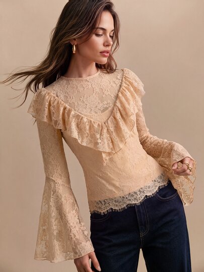 CielaLinda Blusa boho da donna con pizzo e volant, top a maniche lunghe con maniche a campana, camicia romantica trasparente
