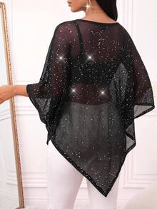 SHEIN Lady Women's Sequin Fashion Asymmetrical Hem Knit Top - Black - View 2