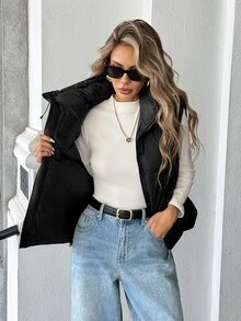 Aveloria Modichic Women Stand Collar Drawstring Quilted Vest Zip Up Sleeveless Side Pockets Simple Versatile Padded Waistcoat - Black - View 7