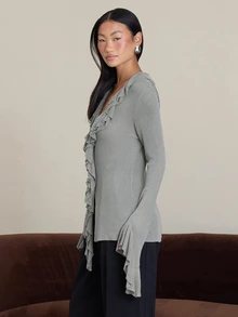 COSMINA Women's Casual Elegant Ruffle Knit Top - Grey - View 7