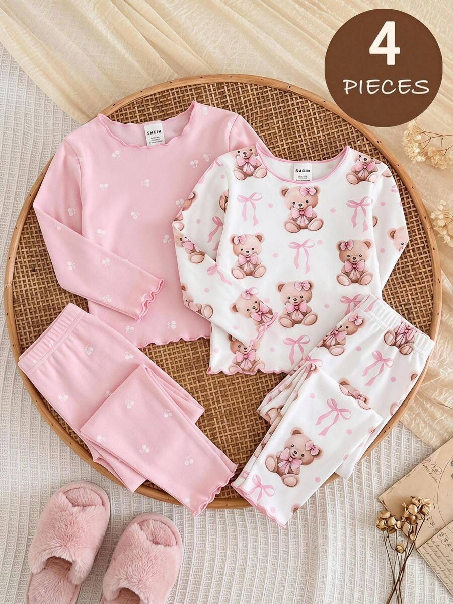 Baby Girl Cute Cat Pattern Ruffle Round Neck Long Sleeve Pants Soft Comfortable Skin-Friendly Home Sleepwear Set 4pcs - Multicolor - View 1