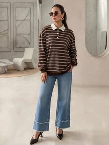 Mulvari Women's Colorblock Polo Collar Striped Long Sleeve Casual T-Shirt - Brown - View 4