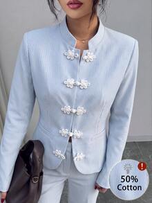 Elenzga 女款條紋青蛙鈕扣設計長袖中式夾克 - 藍色 - 查看 1