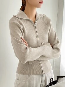DAZY 女款商務休閒純色翻領前開開襟針織外套 - 杏色 - 查看 5