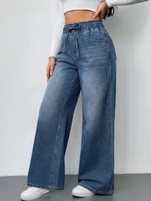 SHEIN PETITE 女款時尚繫帶口袋寬鬆寬腿牛仔褲，適合日常與夜生活，藍色夏季休閒街頭風 - 深色水洗藍 - 查看 3