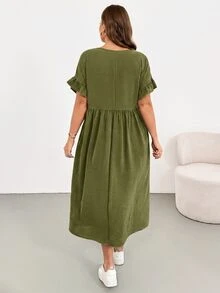 Shapeblank Plus Size Simple Versatile Pleated Pocket Dress - Olive Green - View 2