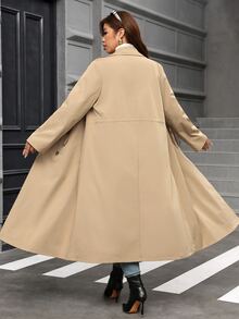 Reflora Plus Size Women's Drawstring Waist Casual Long Trench Coat Jacket, Autumn/Winter - Khaki - View 2