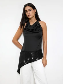 SHEIN x IZA Maija Women's Solid Color Patchwork Sequin Asymmetrical Hem Fashion Halter Tank Top - Black - View 3