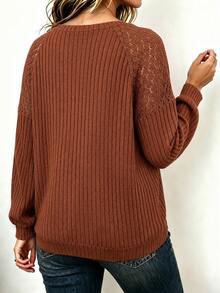 SHEIN LUNE CURVE Women's Round Neck Lace Patchwork Long Sleeve Sweatshirt, Casual Outing Top, Autumn/Winter Fall - Redwood - View 2