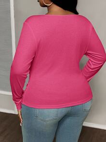 Slaydiva Plus Size Casual All-Match White Slim Fit With Deep U-Neck Long Sleeve T Shirt-C - Hot Pink - View 2