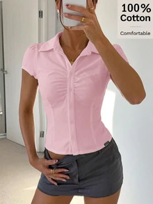 Siren Gaze 女款 100% 純棉舒適透氣休閒銀色條紋前扣腰部襯衫 - 粉色 - 查看 1