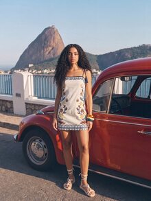 CAJUNI Short Sheath Dress Featuring Tassel Strap Details And A Tropical Cross-Stitch Style Print. - Multicolor - View 5