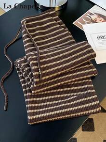 SHEIN CURVE+ Plus Size Summer Knit Striped Long Pants Fall - Brown - View 5