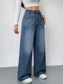 SHEIN PETITE 女款時尚繫帶口袋寬鬆寬腿牛仔褲，適合日常與夜生活，藍色夏季休閒街頭風 - 深色水洗藍 - 查看 7