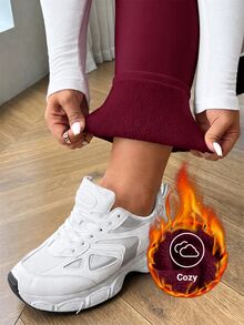 SHEIN EZwear 酒紅色大尺碼女款保暖內裡休閒內搭褲 冬季 - 酒紅色 - 查看 5