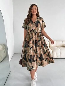 Shapeblank Plus Size Button Half-Placket Tropical Plant Print Pocket Dress - Black - View 3