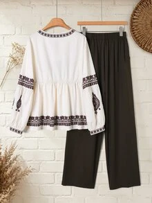 Rusticease Floral Pattern Tassel Tie Collar Blouse And Wide Leg Pants Set For Middle-Aged Women - Multicolor - View 2