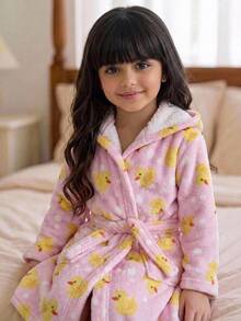Young Girl Casual Daily Versatile Comfortable Plush Cartoon Yellow Duck Pattern Loungewear - Multicolor - View 2