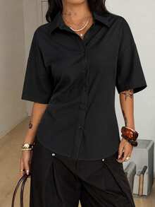 Coolane Women's Solid Color Short Sleeve Single-Breasted Casual Commute Shirt - Black - View 6