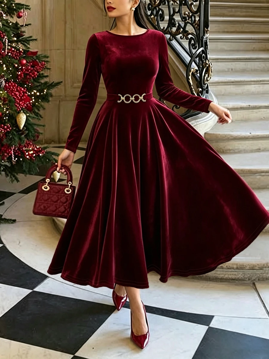 Elenzga New Knit Velvet Round Neck Long Sleeve Cinched Waist With Decorative Buckle Large Hem Design Elegant Fashion Versatile Daily Party Commute Women's Long Dress - Burgundy - View 1