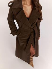 SHEIN BAE Women's Solid Color Lapel Neck Long Sleeve Pocket Casual Long Trench Coat Jacket - Brown - View 7