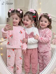 SHEIN 4pcs Baby Girl Pink Bow Embroidery Pullover Round Neck Top Cherry Plush Outfit Set Suitable For Winter - Pink - View 5