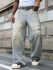 Manfinity EMRG Men's Loose Fit Wide Leg Denim Pants With Frayed Hem And Pockets - Blue - View 1