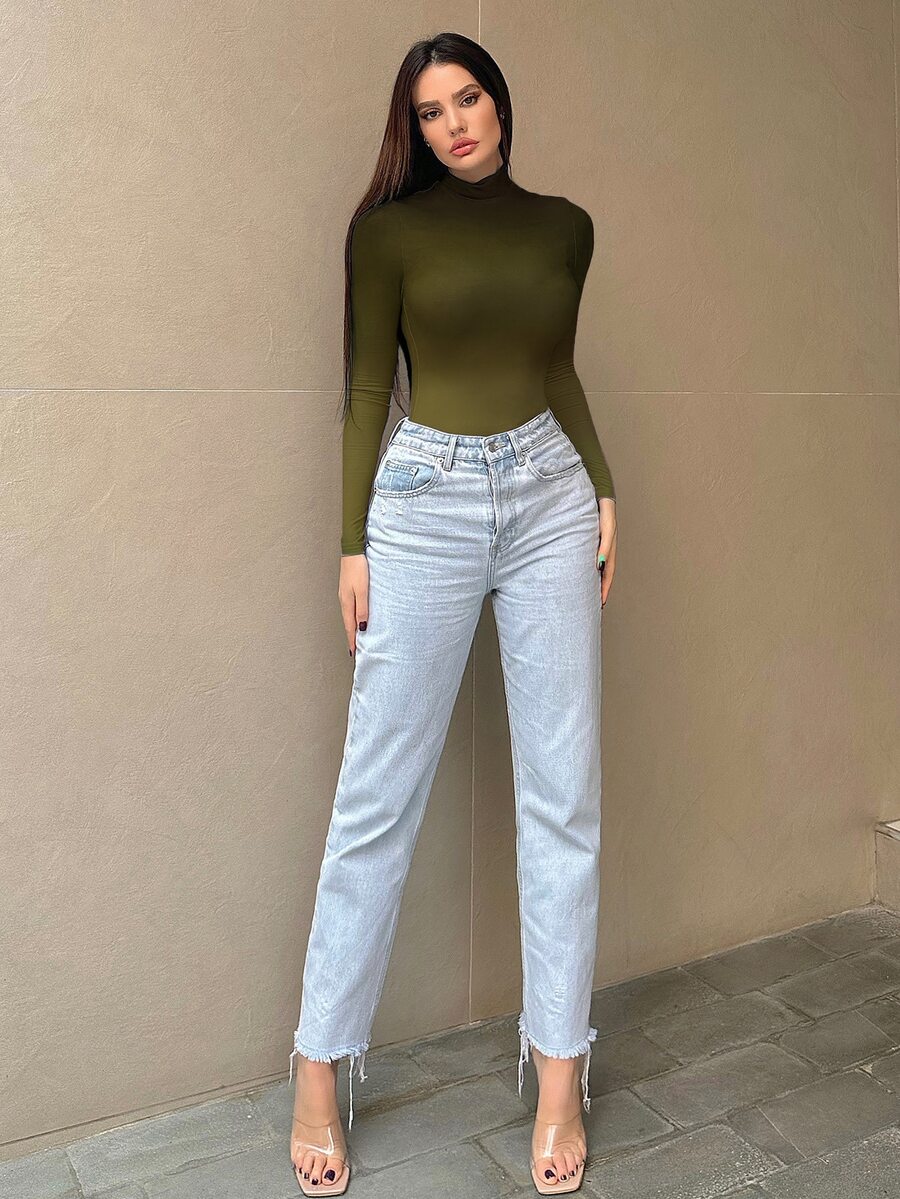 SHEIN Essnce 女款長袖小立領漸層修身連身衣 - 軍綠色 - 查看 1