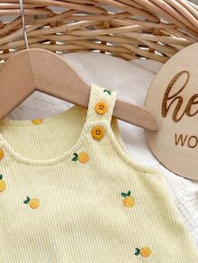 SHEIN 新生女嬰可愛百搭休閒卡通熊圖案洋裝 - 黃色 - 查看 4