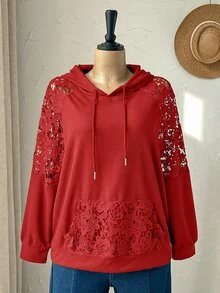 Rusticease Plus Size Women Solid Color Contrast Lace Raglan Long Sleeve Drawstring Hooded Sweatshirt - Red - View 4