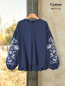 Rusticease Women's Floral Embroidered Lantern Sleeve Button Half-Placket Blouse - Navy Blue - View 3