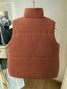 SHEIN 女童燈芯絨背心，復古秋冬百搭款，高領拉鍊無袖加厚背心，直條紋燈芯絨面料 - 鏽棕色 - 查看 2