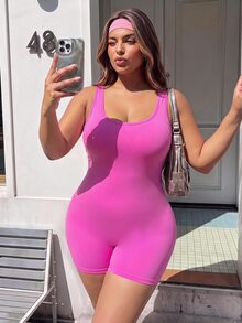 SHEIN Sovereign Charm 2026 Summer New Plus Size Women's Sports Round Neck Tank Top & Bikini Bottom 2 Pieces Swimsuit Set - Pink - View 6