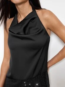 SHEIN x IZA Maija Women's Solid Color Patchwork Sequin Asymmetrical Hem Fashion Halter Tank Top - Black - View 5