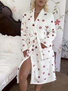 CottageSlumber Women's Romantic Floral Print Coral Fleece Mid-Length Robe - White - View 1