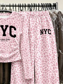 (1套)Tween女孩秋季休閒時尚極簡風 NYC 粉色豹紋抓皺腰長袖T恤與寬腿長褲 - 彩色 - 查看 5