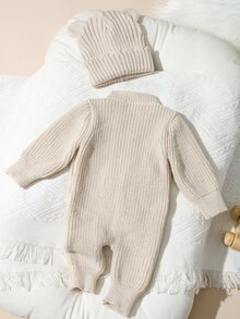 2pcs Newborn Baby Girl Knit Romper Hat Set Cute Sweet Cream Beige Ribbed Button Bear Ear Long Sleeve Round Neck Newborn Photo Winter Pullover Coat - Beige - View 5