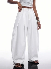 SHEIN EZwear 白色秋冬復古休閒街頭風寬鬆軍綠色圓弧下擺大尺碼長褲 - 白色 - 查看 3