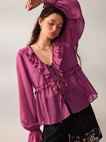 Willow Rêve Women's Pink Ruffle Collar Chiffon Petal Sleeve Blouse - Purple - View 6