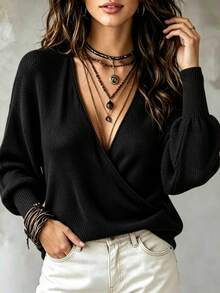 SHEIN Holidaya كنزة نسائية بلون موحد بياقة على شكل حرف V كاجوال للاستخدام اليومي بأكمام طويلة - الأسود - مشاهدة 4