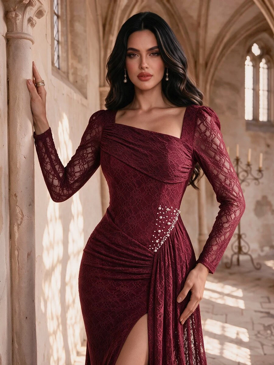Coutiva Gaun Mermaid Mewah Elegan dengan Renda Elastis Transparan dan Lipatan Samping, Cocok untuk Pernikahan, Pesta, dan Acara Formal. - Burgundy - View 1